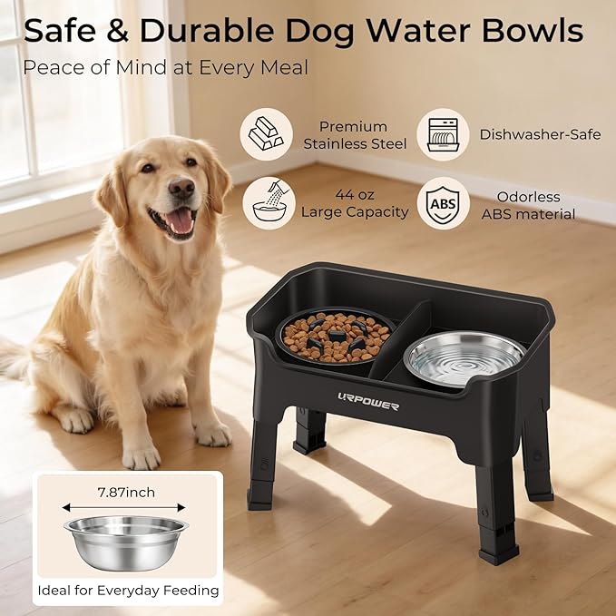 URPOWER Mess Proof Slow Feeder Dog Bowls 4 Height Adjustable Elevated Bowl Stand with Stainless Steel Water Bowl and Slow Feeder Non-Slip Dog Food Bowls Stand for Small Medium Large Dogs