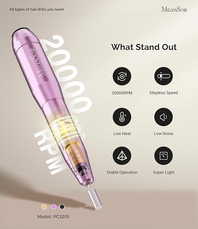 MelodySusie Pen-Shaped Portable USB Nail Drill, PC120I 20000RPM Electric Nail File with Compact Design for All Nail Care, Manicure Polishing, Shaping & Gel Removal at Home for Beginners