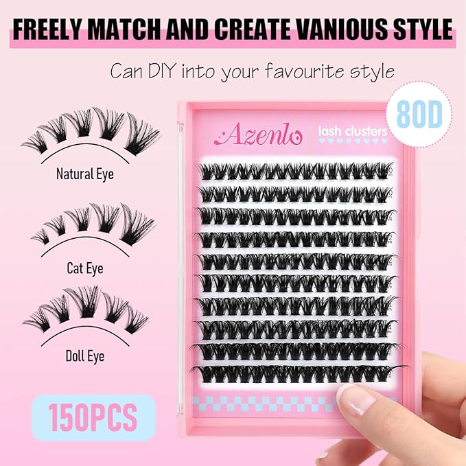 Azenlo Natural Lash Clusters Kit Wispy Eyelash Clusters 120 pcs Cluster Eyelash Extensions C Curl Individual Lashes 10-16 mm Mix Length Natural Look (80D KIT 120 Pcs)