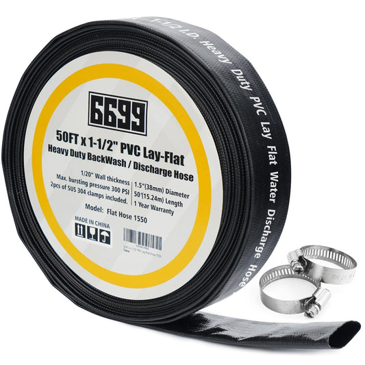 6699 Discharge Hose 1-1/2-Inch by 50-foot Sump Pump Hose with 2pcs SUS 304 Clamps Pool Backwash Hose for Draining/Removing Water Lay Flat Hose 1550