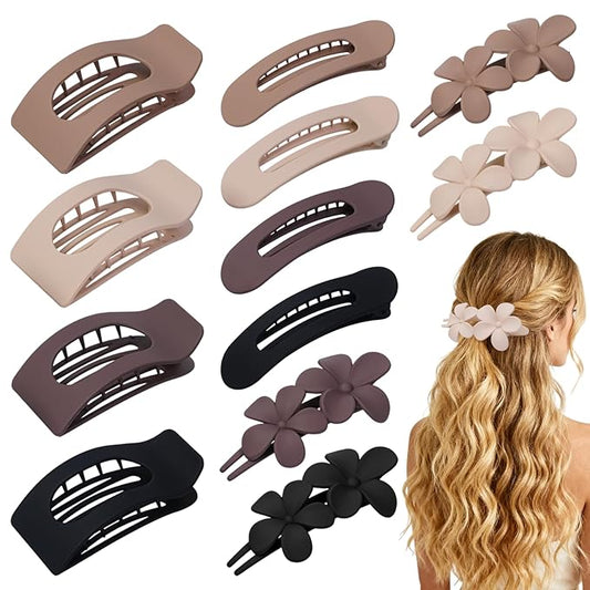 12 Pack Flat Hair Clips for Women – Matte Neutral Square Claw Clips, Flat Barrettes & Flower Pins in Black, Blonde,Light Brown & Dark Brown, Soft Touch Hair Accessories for Thick & Thin Hair