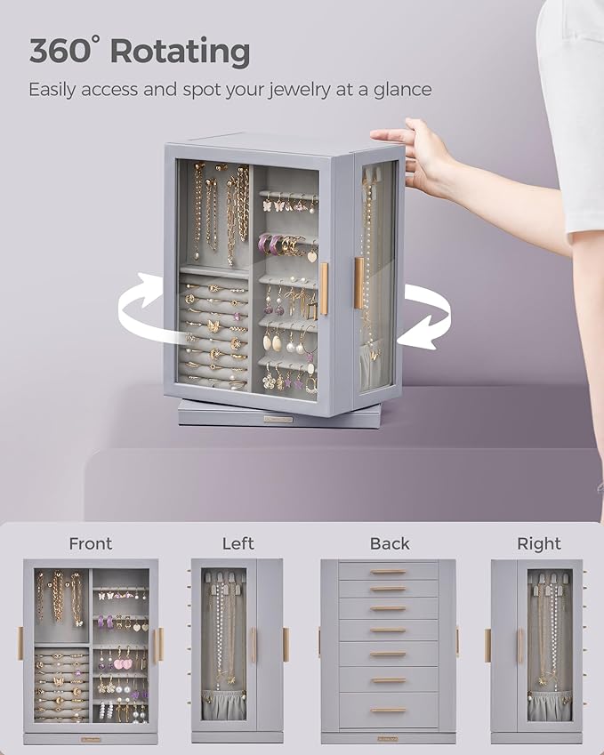 Glimmloop 360ÃÂ° Rotating Jewelry Box with 7 Drawers, Spacious Vertical Jewelry Organizer with Glass Window, Jewelry Storage Case, Dustproof & Moisture-resistant Design, Grey