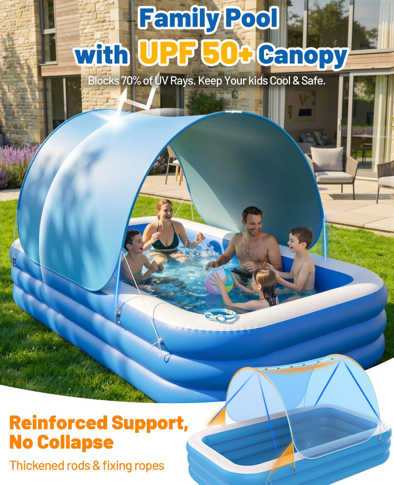 HeySplash Inflatable Pool with Canopy, Large Inflatable Swimming Pool for Adults & Kids, Blow Up Pool Thickened Family Pool for Outdoor Backyard Garden Party Summer Fun, 118" x 69" x 24"(Blue)