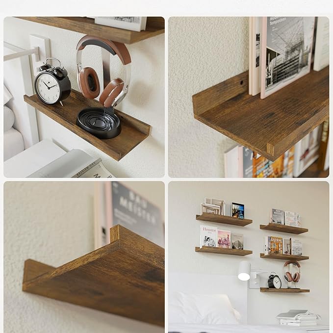 RICHER HOUSE 5 Set Floating Shelves for Wall Decor, Wall Mounted Book Shelf, Nursery Shelves Picture Ledge Shelf with Lip for Storage, Bedroom, Living Room, Bathroom - Brown