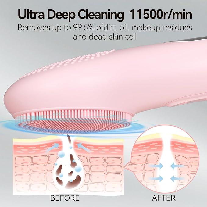 Rechargeable Silicone Facial Cleansing Brush for Women & Men - 5 Modes Waterproof Face Scrubber with Heat Massage, Deep Cleansing & Exfoliating Electric Face Brush (Pink)