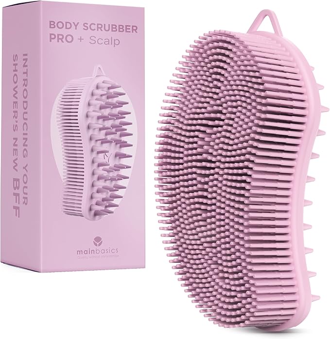 MainBasics Silicone Body Scrubber Dual-Sided Shower Loofah and Scalp Scrubber (Pink, Scalp)
