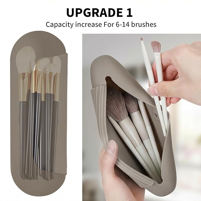 Silicone Makeup Brush Holder Travel Cosmetic Bag：Soft Portable Cosmetic Face Brushes Holder with Upgrade Anti-Fall Out Magnetic Closure, Large Travel Makeup Brush Case - Coffea