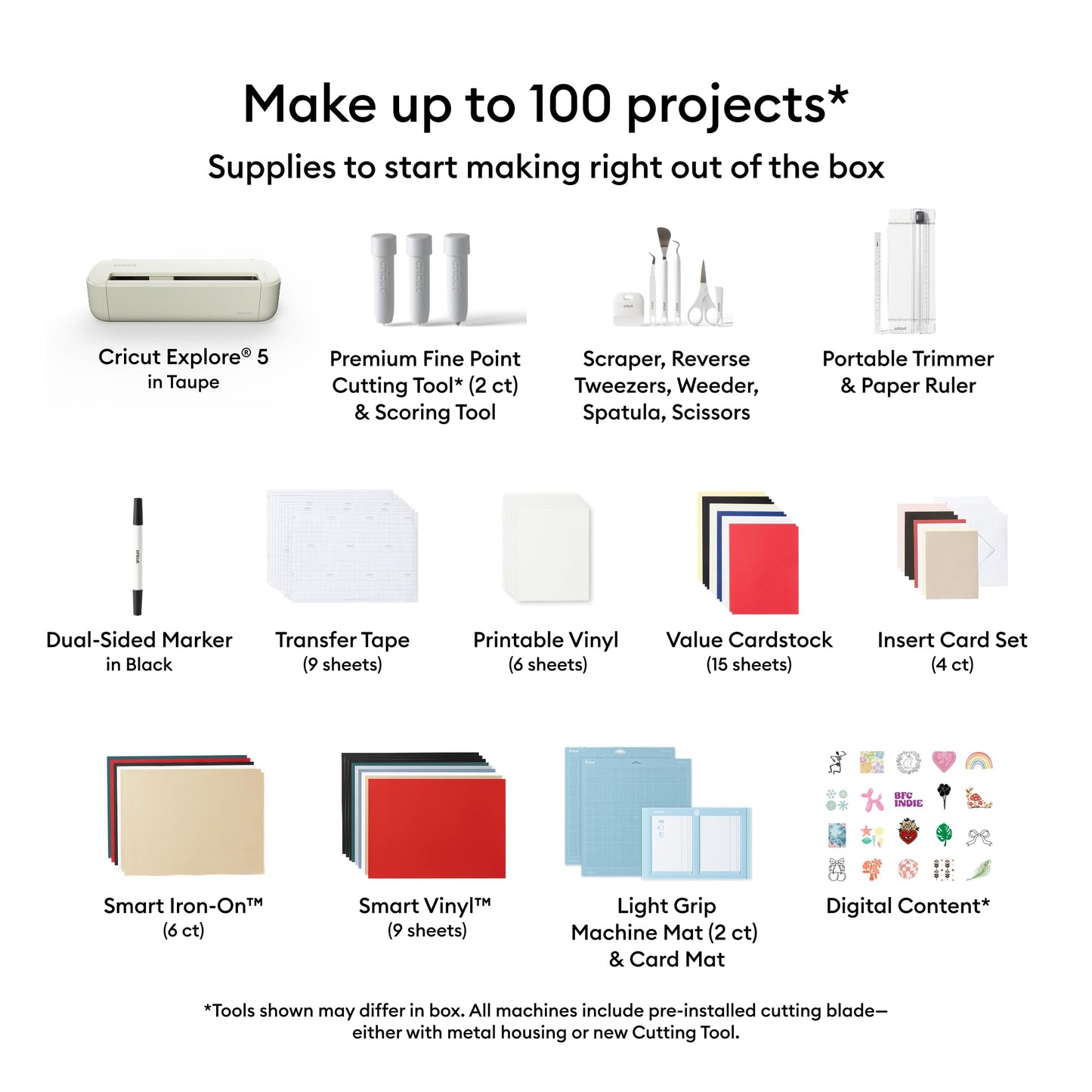 Cricut Explore® 5 Deluxe Bundle + $100 Digital Content, Taupe - Precise Cutting Machine - Works w/100+ Materials - Sleek Design - Includes Supplies for 100 Projects + Additional Bonus Digital Content