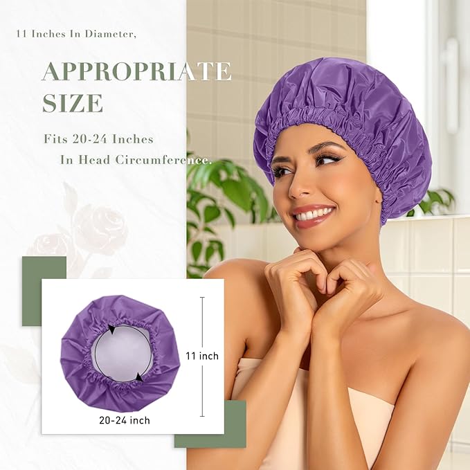 Reusable Shower Cap for Women, Large Waterproof Shower Bonnet with Elastic Band, Washable Bath Hair Cap for Long, Curly Hair, Braids, Daily Shower, Home Spa, Travel(Lavender)