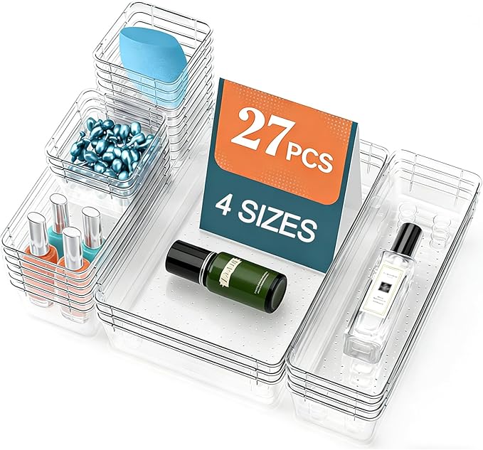 27 Pack Clear Plastic Drawer Organizer Set - 4 Sizes Makeup Vanity Organizer Chest of Drawers Storage Stackable Organizers Bins Divider Box for kitchens, Bedrooms, Bathrooms, Offices, Junk, Gadgets