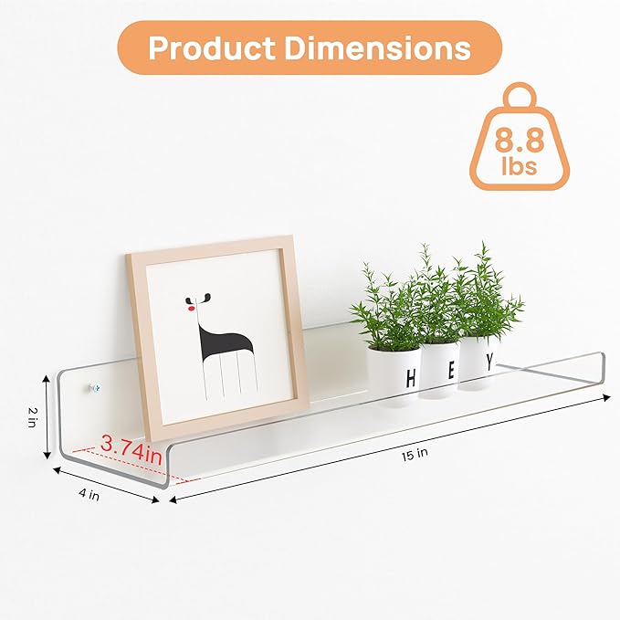 upsimples 6 Pack Acrylic Shelves for Wall Storage, 15" x 4Ã¢ÂÂ Floating Bookshelves for Kids, Display Shelf Organizer for Bathroom, Bedroom, Living Room, Kitchen, Room Decor, Clear