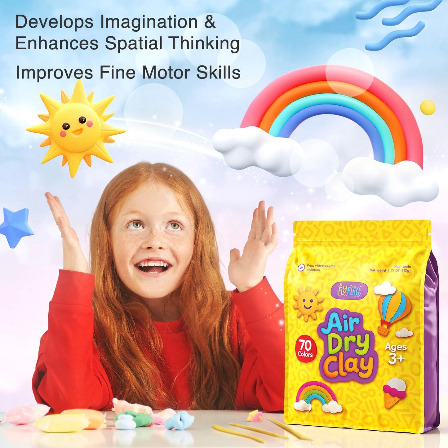FlyFlag Air Dry Clay - 70 Colors, Ultra Light and Soft, Non-Toxic Modeling Clay for Kids with Tools and Tutorials, for Creative Play and Learning
