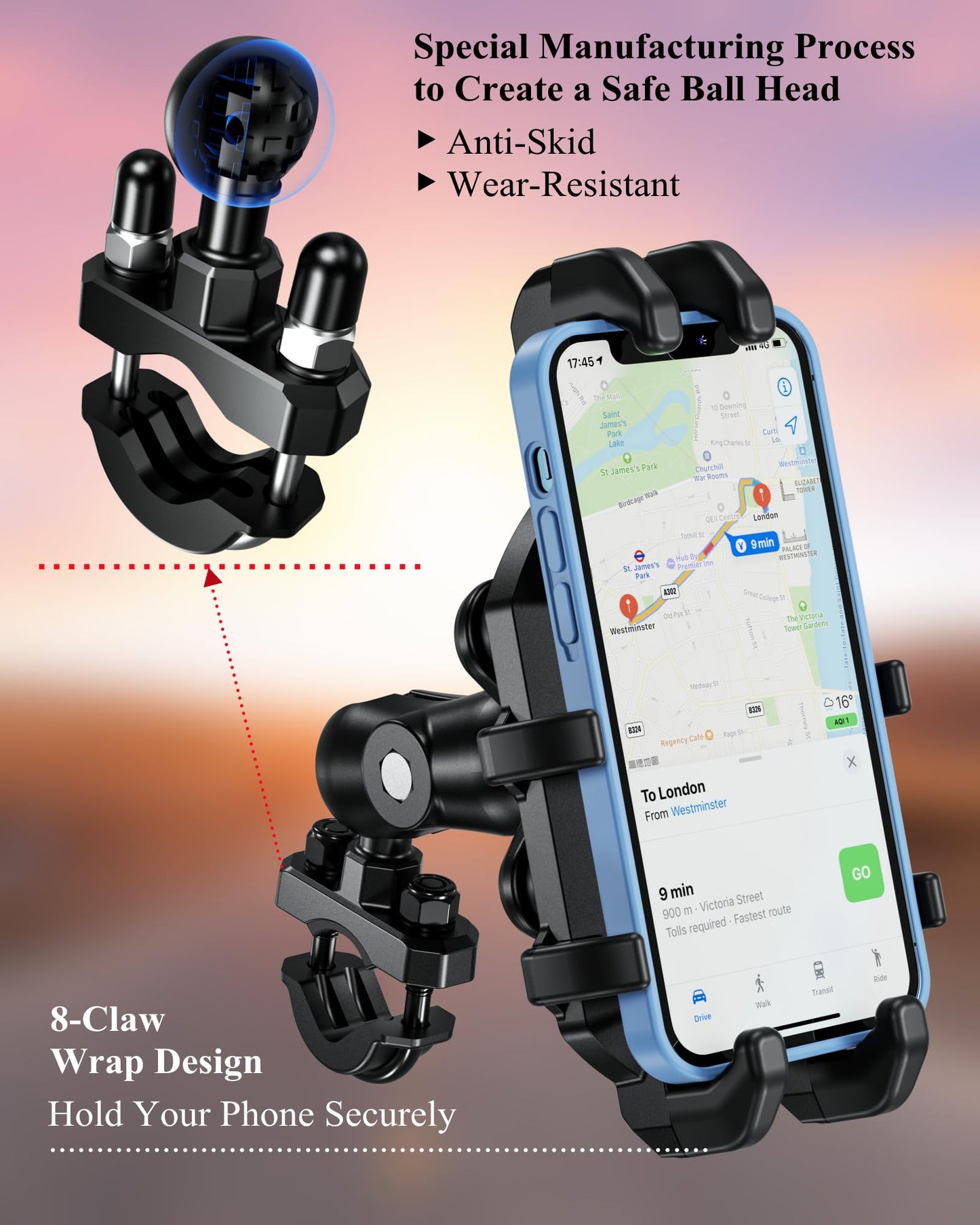 BRCOVAN Motorcycle Phone Mount Holder with Vibration Dampener, Anti-Shake Handlebar Cellphone Cradle for Bike Bicycle Scooter ATV, Adjustable Fit 5.4-6.9'' Smartphone