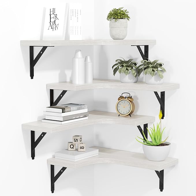 ROMGUAR CRAFT Corner Floating Shelves Wall Mounted Set of 4, Rustic Wood Storage Display Shelves for Home Decor, Bathroom, Kitchen, Bedroom, Living Room, Office (White)