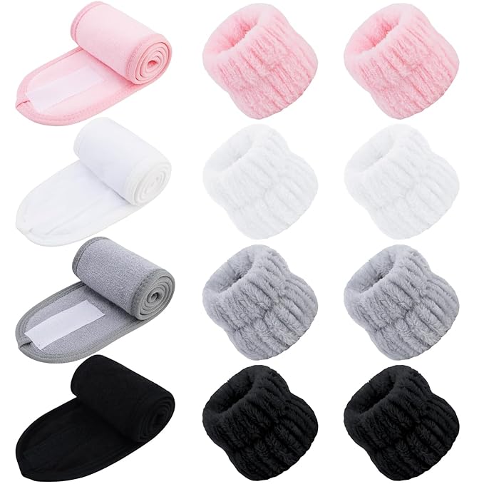 Chanaco Spa 12Pcs Facial Headband and Wristband Set - Terry Cloth Head Wrap for Face Wash, Makeup Removal, Skincare, Shower, Bath, Sport