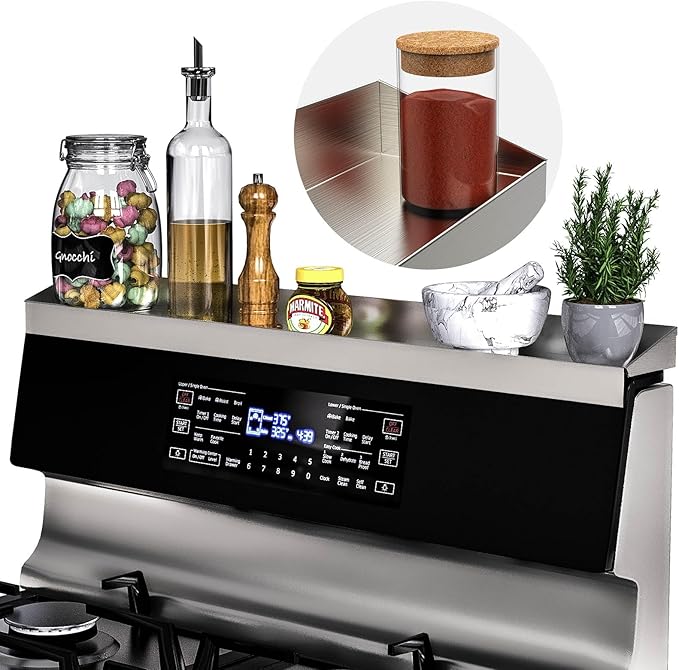 IIIOIIIA Stove Top Magnetic Shelf for Kitchen Organization, 30" Magnetic Spice Rack Over the Stove, 4" Deep Spice Organizer With Border All Around, Brushed Stainless, Silver