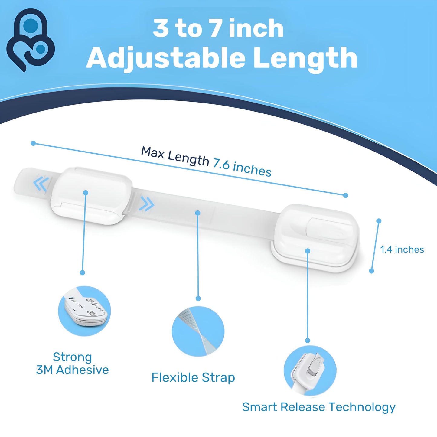 3M Adhesive Child Safety Strap Locks by Baby Proof Me, Baby Latches for Cabinets, Dishwashers, Fridges, Ovens and Trash Cans, Stain Free Toilet Lock (12 Safety Latches)
