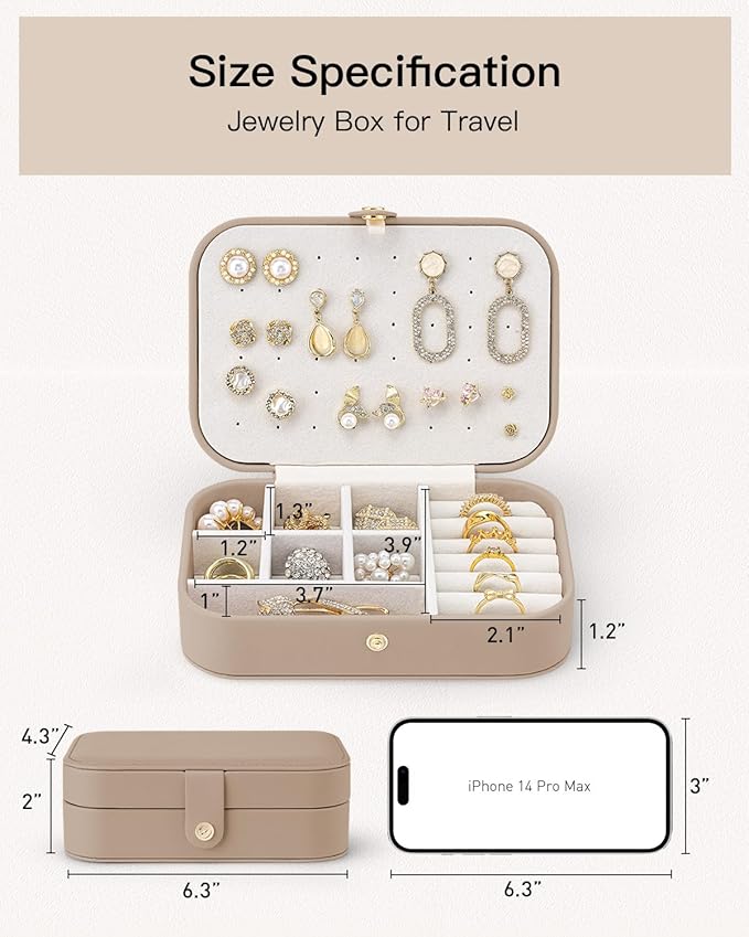 VLANDO Travel Jewelry Case for Women Girls Mothers, PU Leather Small Jewelry Box for Rings, Necklaces, Bracelets, Earring Holder Organizer Storage for Travel Accessories, Valentines Gift - Toffee