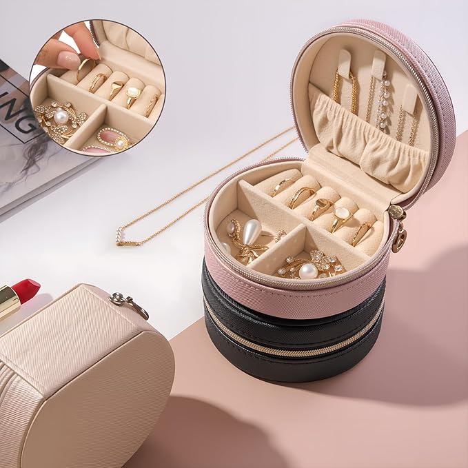 ProCase Travel Size Jewelry Box, Mini Portable Seashell-Shaped Jewelry Case, 2 Layer Organizer in PU Leather for Women -Rose