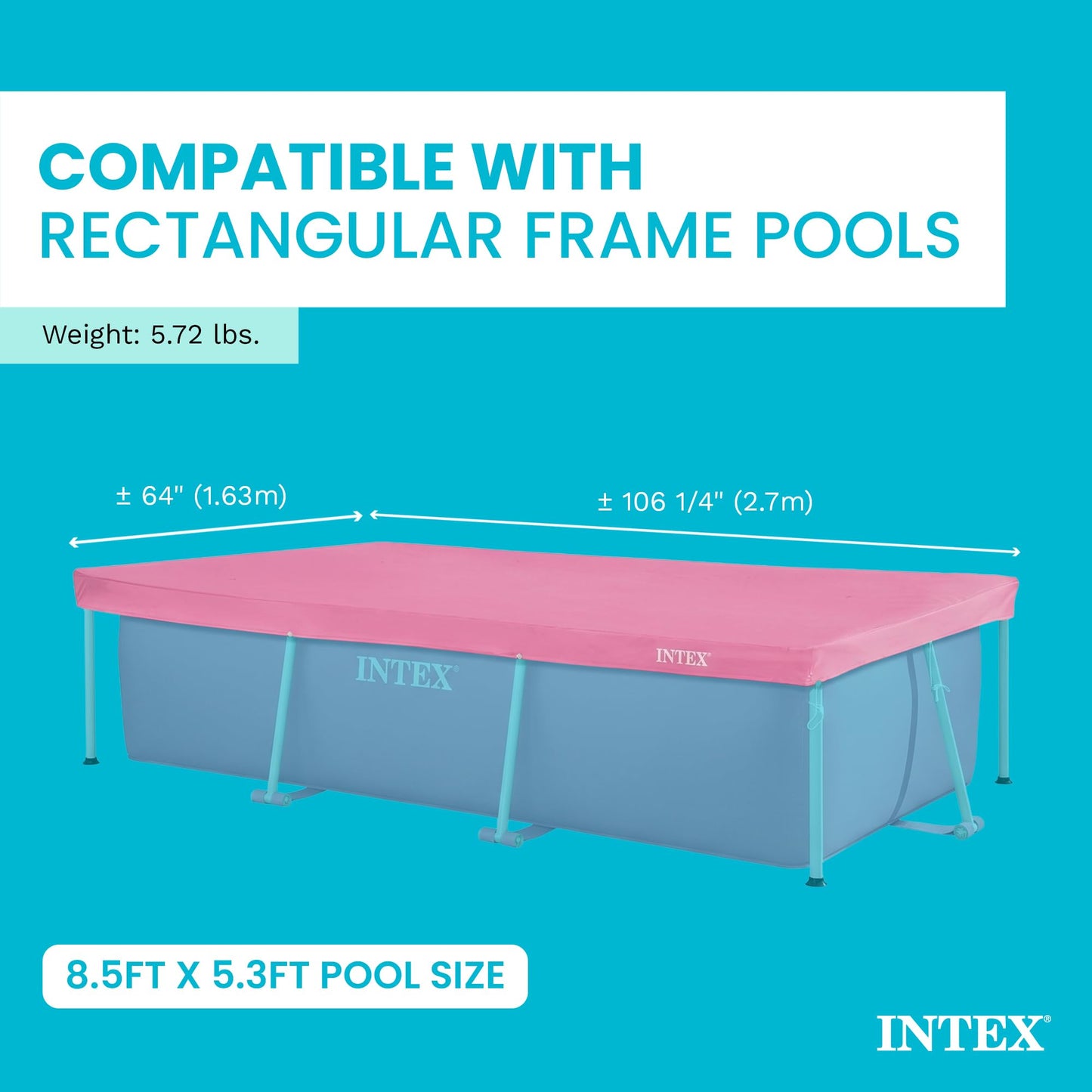 INTEX 28035E Pool Cover: for 8.5ft x 5.3ft Rectangular Metal Frame Pools – Includes Rope Tie – Drain Holes – 12in Overhang – Snug Fit