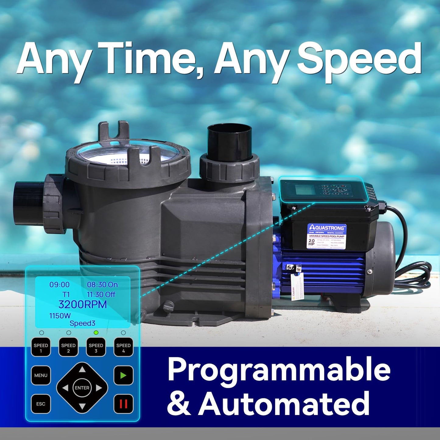 Aquastrong Variable Speed Pool Pump In/Above Pool Pump Energy Efficient High Flow Powerful Self Primming Swimming Pool Pumps with Filter Basket,Black
