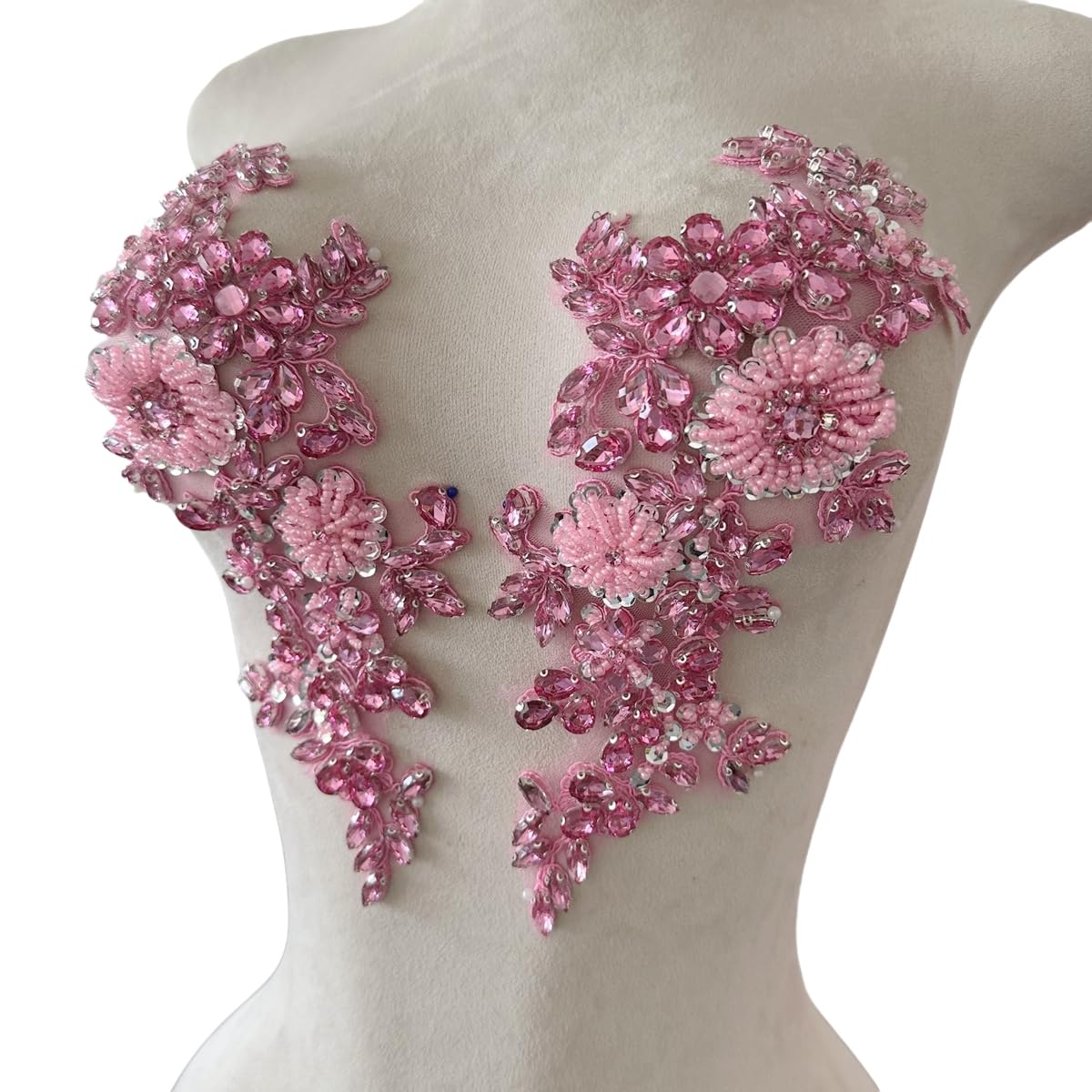 XZG.beatal Handmade Shining Rhinestones lace Applique Patches Sewing Beads Sequins Stone Trim Accessories for Wedding Dress 1 Pair/Bag 11X4.3inches (Pink)