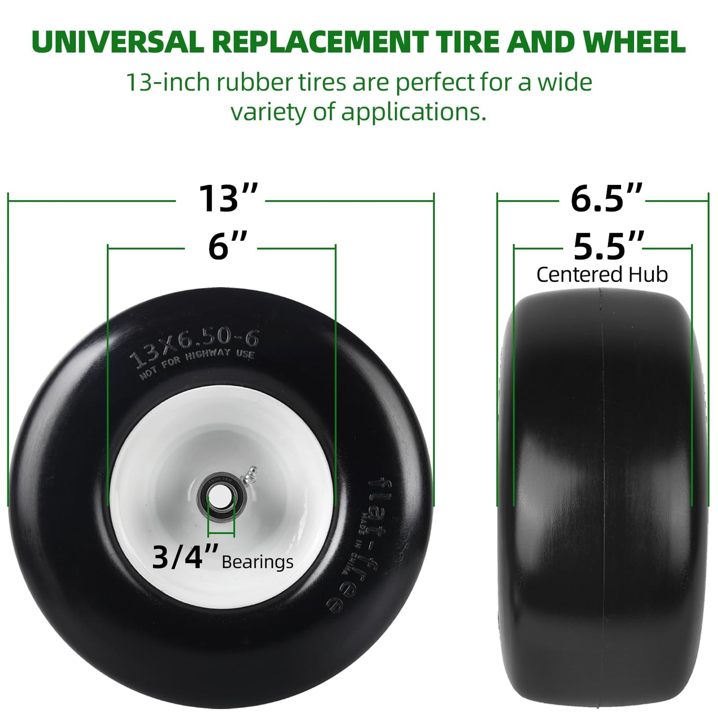 AR-PRO (2-Pack) 13x6.50-6 Flat Free Tire and Wheel - Universal 13x6.5-6 Solid Rubbe Riding Lawn Mower Tire with Rim - With 5.5"-7.8” Centered Hub and 3/4" Bearings extra 5/8" 1/2” Bushings