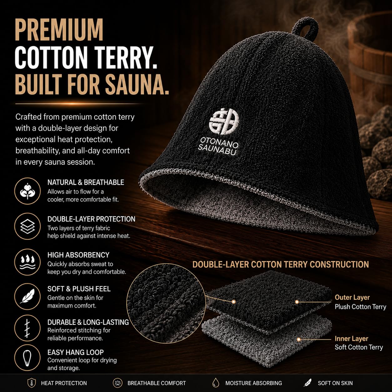 OTONANOSAUNABU Gray Sauna Hat – Japanese Design, 100% Wool Felt,Double-Layer Reversible Sauna Cap for Men & Women,Heat Protection Finnish Banya Hat