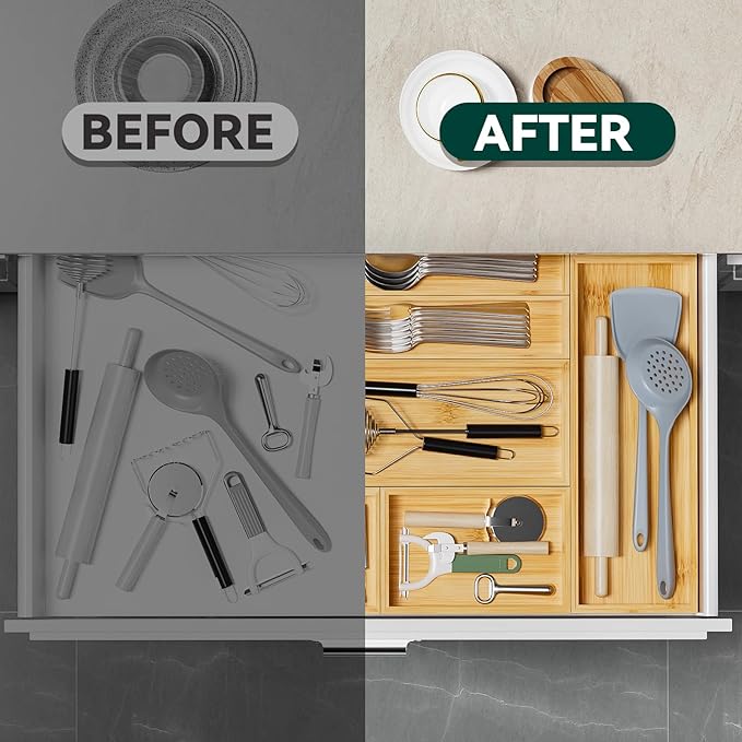 Lixple Bamboo Kitchen Drawer Organizer, Stackable Utensil Holder Silverware Organizer Cutlery Tray - 2PCS Organizer Bins for Makeup Jewelries Flatware in Bathroom, Office Desk, Cabinets, 15x6x2 inch