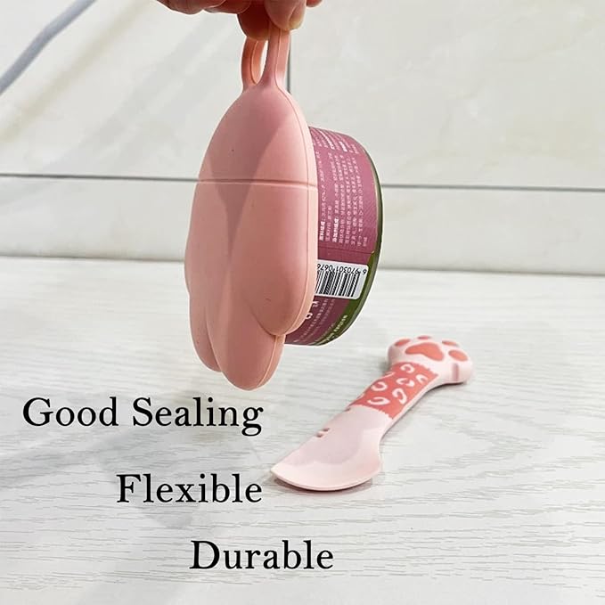 SJANE 4 Pcs Cat Food Spoon & Can Covers | Cute Paw Silicone Pet Food Opener Spatula & Lids | Stainless Steel Wet Food Spoon for Cats and Dogs (Pink+Grey)