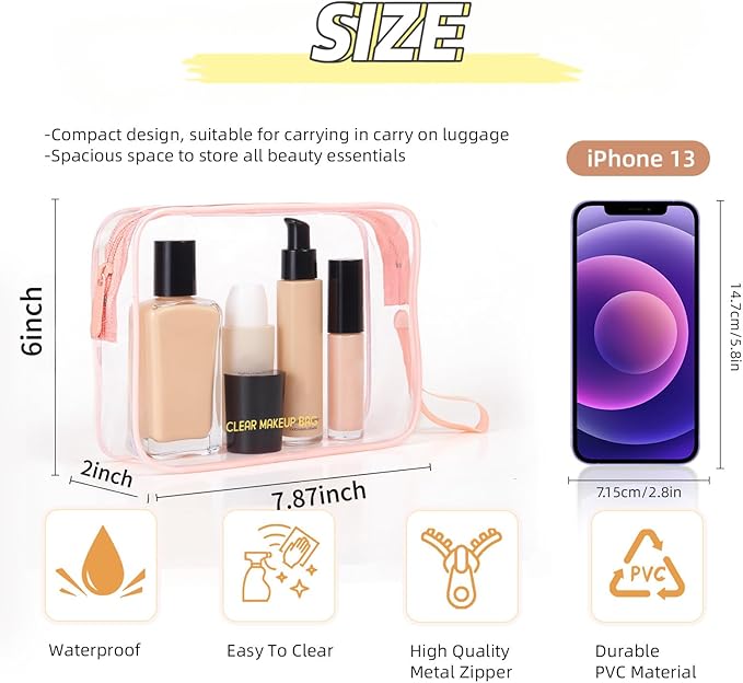 Clear Makeup Bag,2 Pack TSA Approved Toiletry Bag Travel Toiletry Bag Hanging Makeup Cosmetic bag for Women Men (Pink)