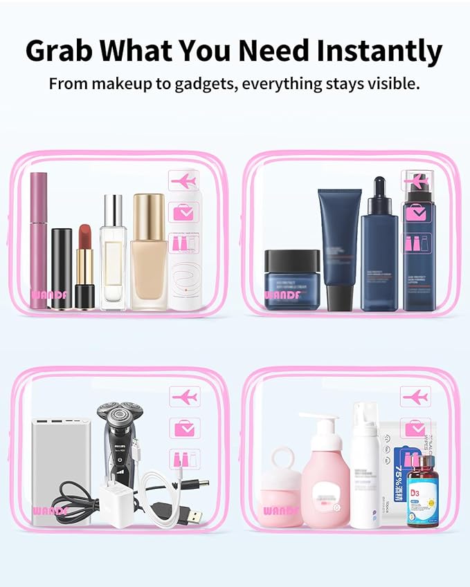 WANDF TSA Approved Toiletry Bag, 2 Packs Travel Clear Toiletry Bag, Quart Size Makeup Cosmetic Pouch with Zipper, Carry-On Airport Compliant Bag for Women and Men (2pcs Pink)