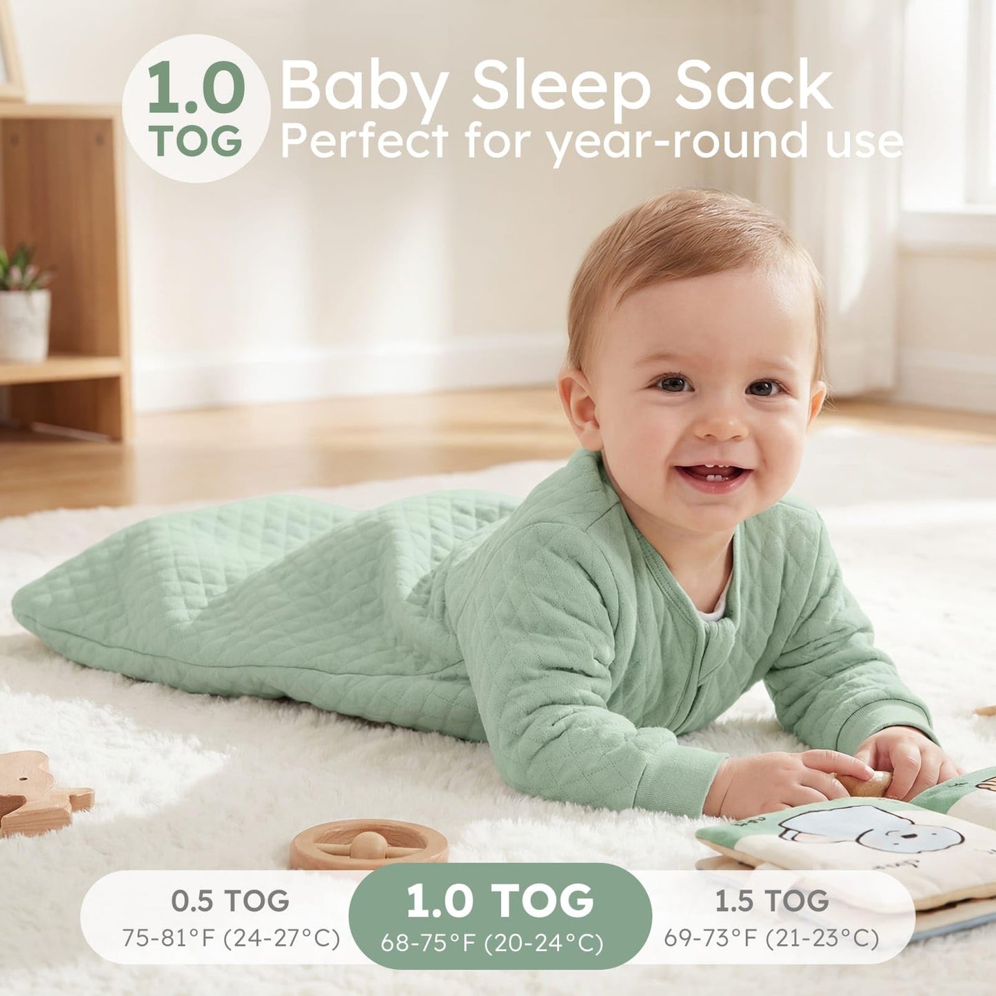 Yoofoss Baby Sleep Sack 12-18 Months 1.0 Tog Long Sleeve Sleep Sack Organic Cotton Wearable Blanket for Toddlers 2-Way Zipper Quilted Sleeping Sacks(Large)