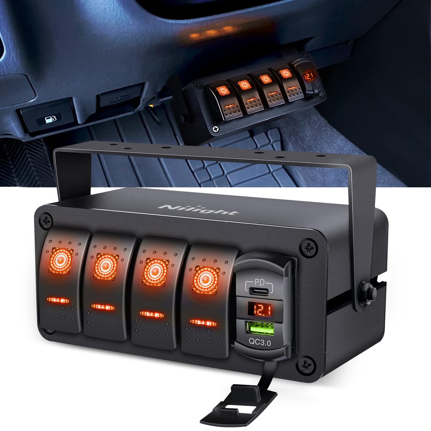Nilight 4 Gang Rocker Switch Box 12V SPST ON Off Toggle Switches PD Type C and QC 3.0 USB Sockcet Voltmeter Orange LED Light Waterproof Aluminum Mount Bracket Panel DIY Stickers for Boat Car RV Truck
