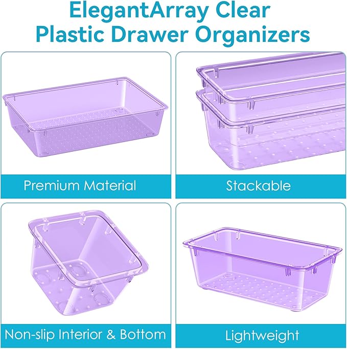12-Piece Drawer Organizer Set, 4 Sizes Versatile Plastic Vanity Organizer for Makeup, Stationery, Gadgets, in Kitchen, Bathroom, Office, and Bedroom, Purple