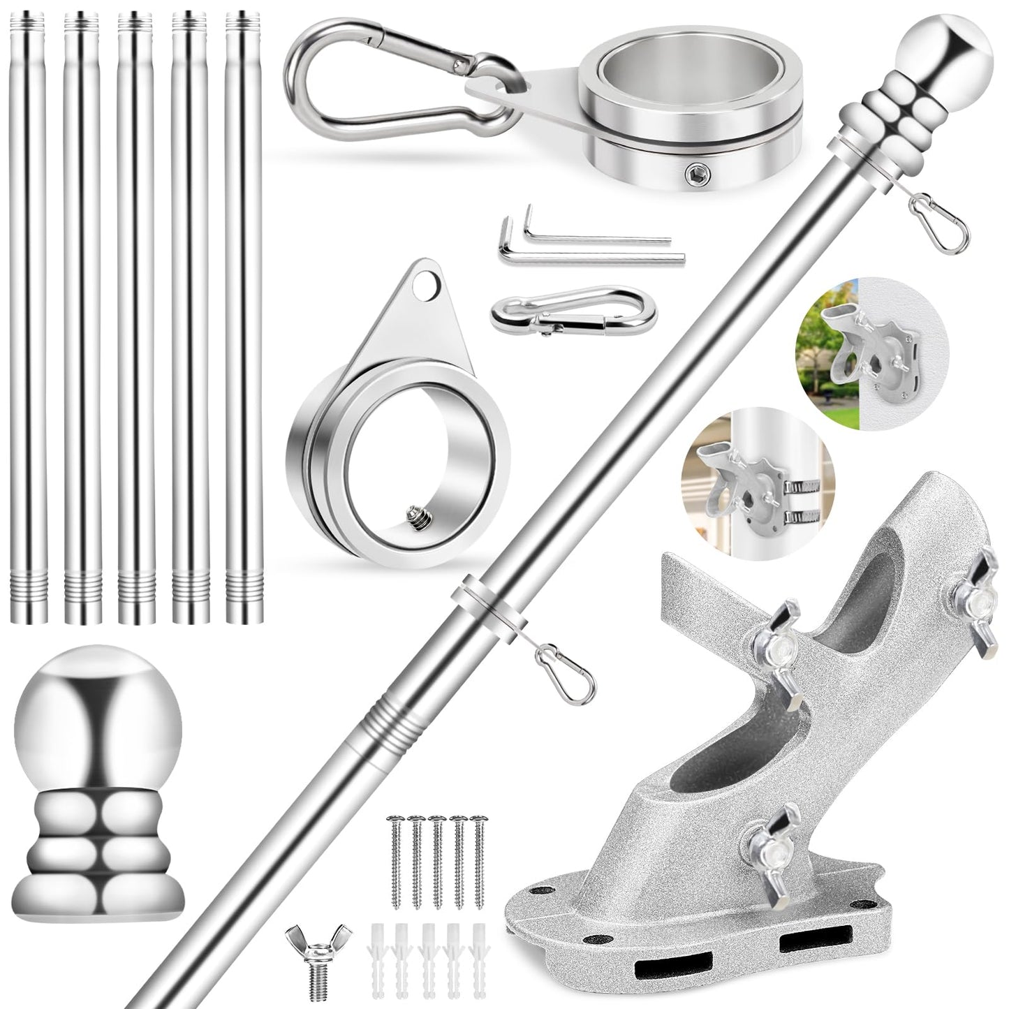 REERON Flag Pole for House, 6 FT Stainless Steel Spinning Flag Pole Kit, 1" Rustproof Porch Flagpole with 360Â° Tangle Free Metal Flagpole Rings & 2-Position Bracket for Outdoor Sport for 3x5 Flags