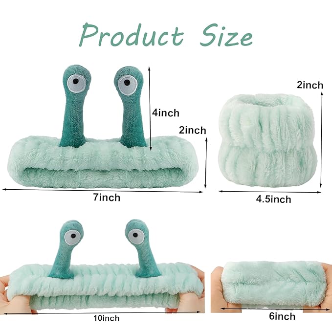 SuPoo 3pcs Snail Face Wash Headband and Wristband Set, Green, Puffy Microfiber Fleece Material, Cute Wrist Towels, for Spa, Sports, Yoga, Face-Washing, Makeup and Shower