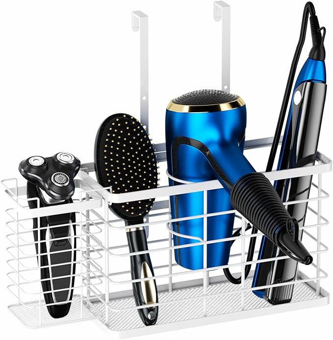 Agotglmi Hair Tool Organizer, Dryer Holder, 3 in 1 Blow Bathroom Organizer Wall Mounted/Cabinet Door for Flat Iron, Curling Straightener, Care & Styling Tools Storage Basket (White)