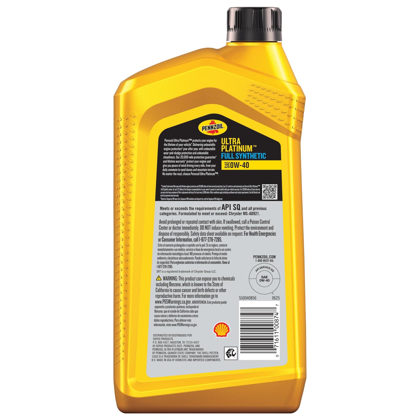 Pennzoil Ultra Platinum Full Synthetic 0W-40 Motor Oil, 1 Quart (6 Pack)