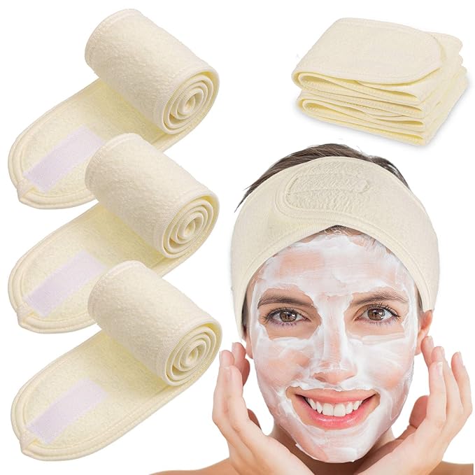 Whaline Spa Facial Headband 4 Packs Head Wrap Terry Cloth Headband Adjustable Stretch Towel for Bath, Makeup and Sport (Yellow)
