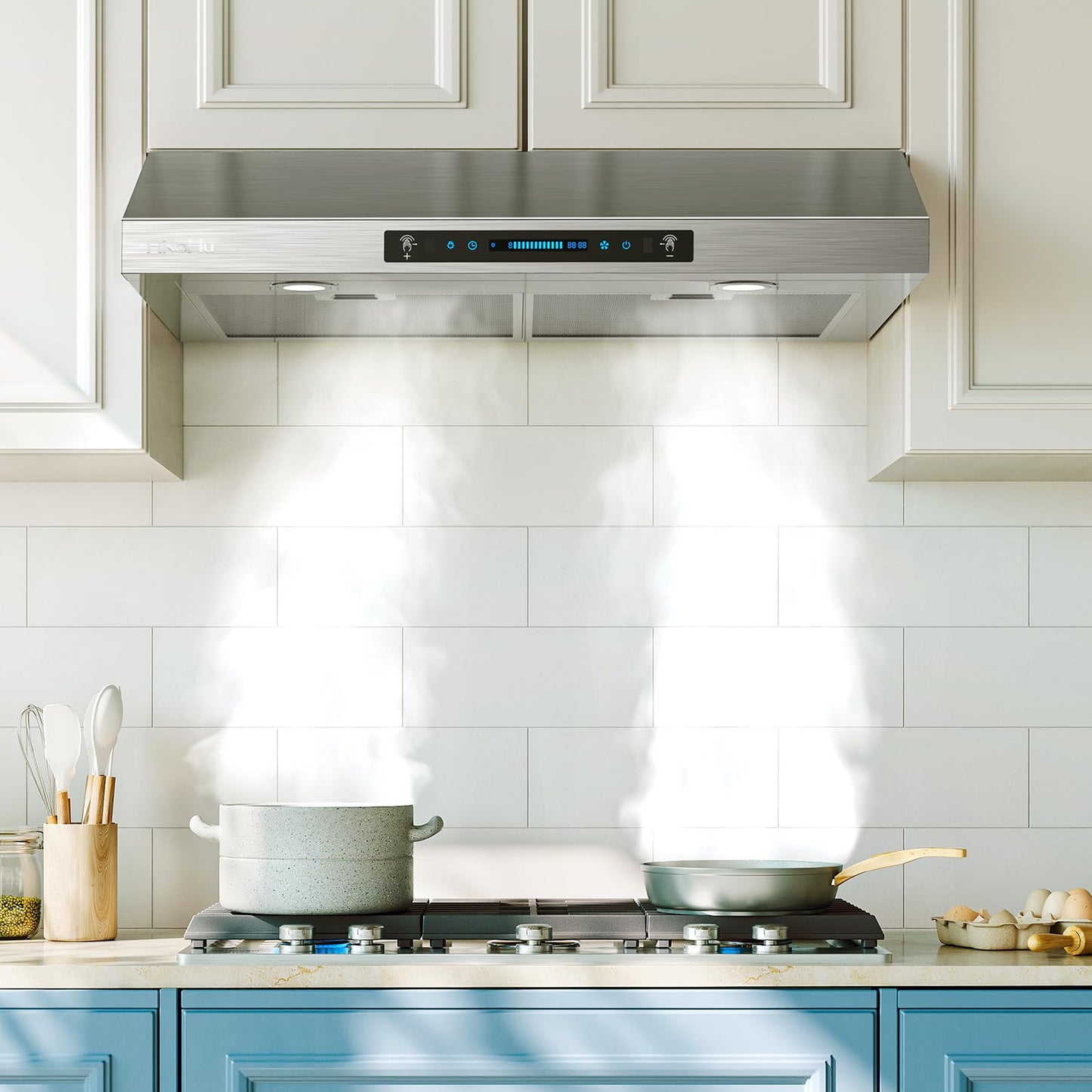 HisoHu 30 Inch Under Ducted Cabinet Range Hood with 1200 CFM, 4 Speed Gesture Sensing Kitchen Exhaust Hood & Touch Control Panel, Stainless Steel Stove Vent Hood with 2 LED Lights