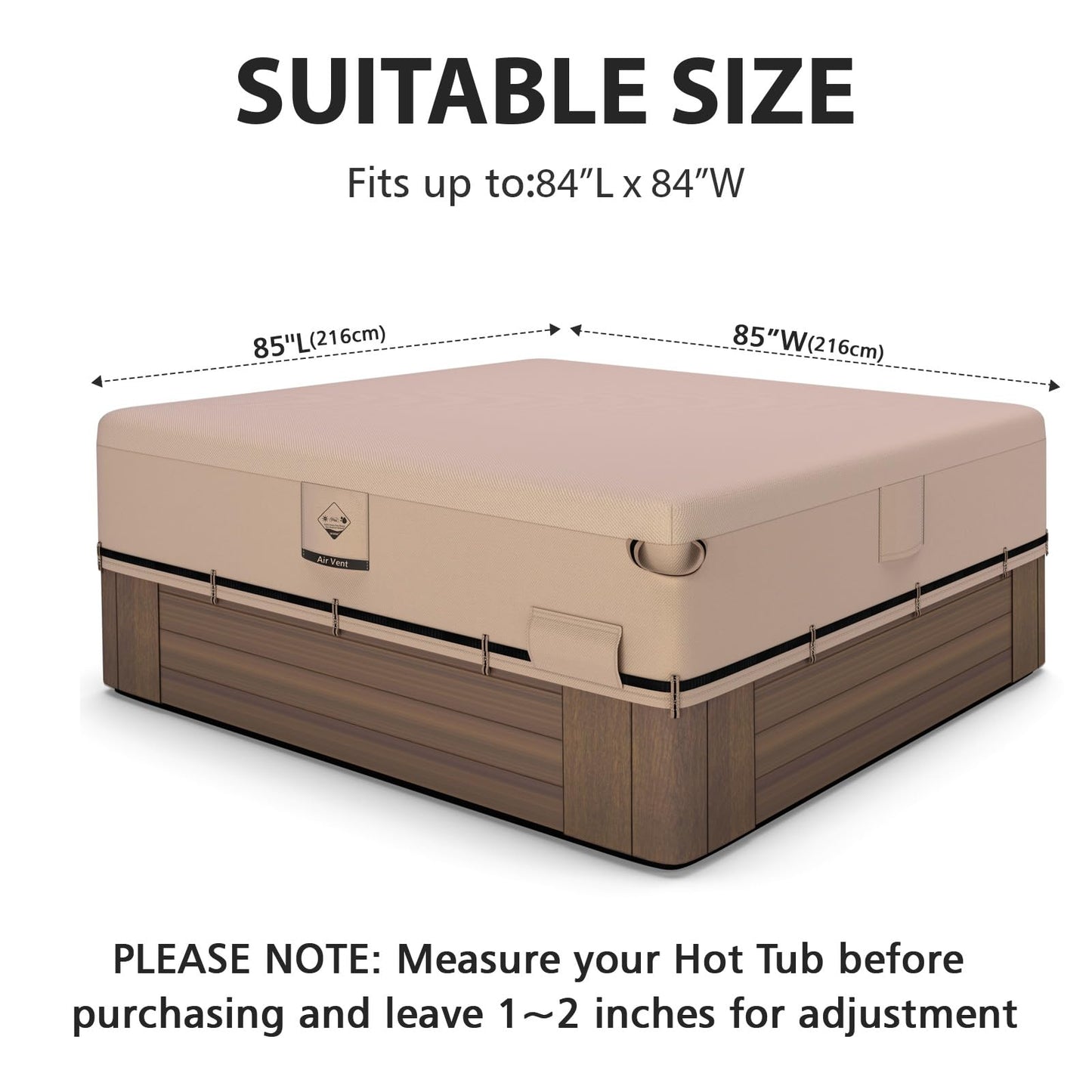 QH.HOME Hot Tub Cover Replacement 85"x85", Waterproof & Weatherproof 600D Polyester Spa Cover for Hot Tub, UV Resistant, Windproof with Ratchet Strap System, Fits 84 x 84, 82 x 82 or 81 x 81 Square