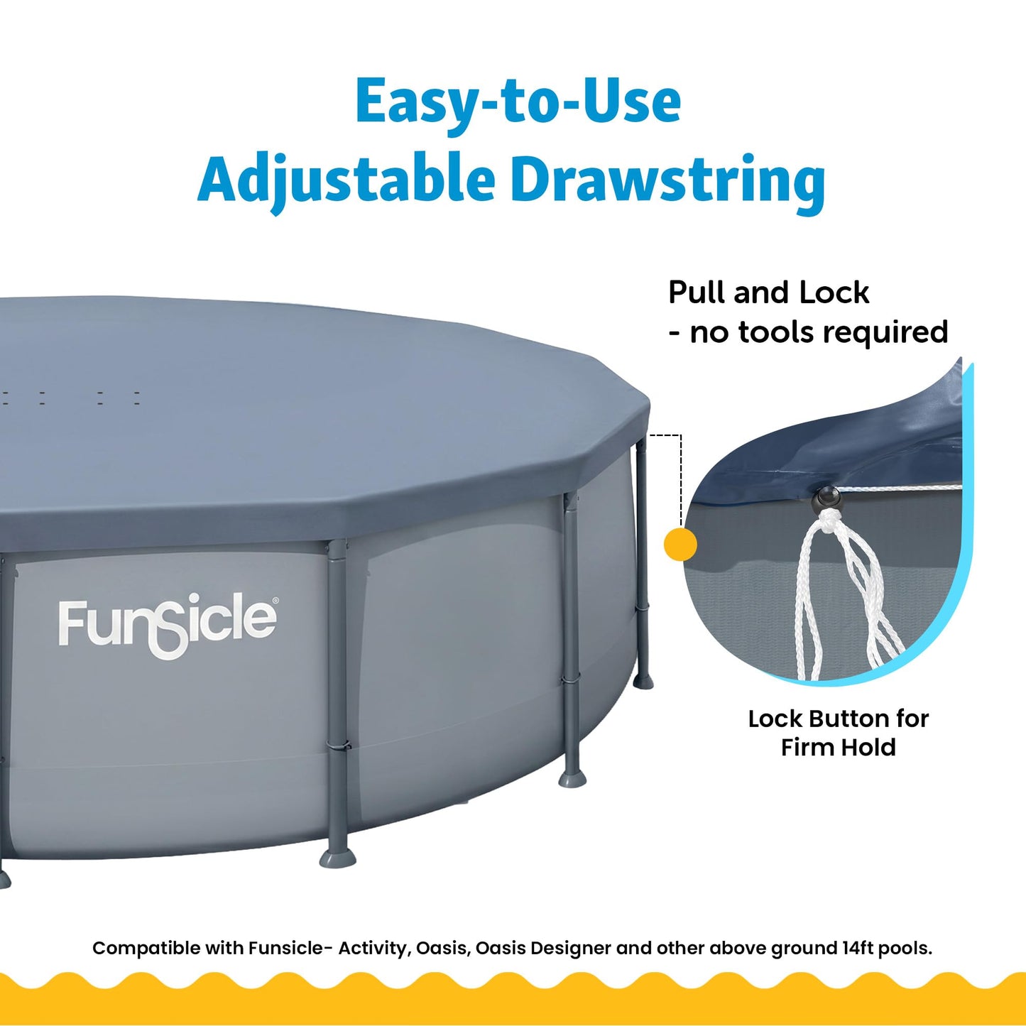 Funsicle 14 Foot Durable Round Pool Cover with Adjustable Drawstring for Oasis, Activity, Quickset and Above Ground Outdoor Swimming Pool, Gray