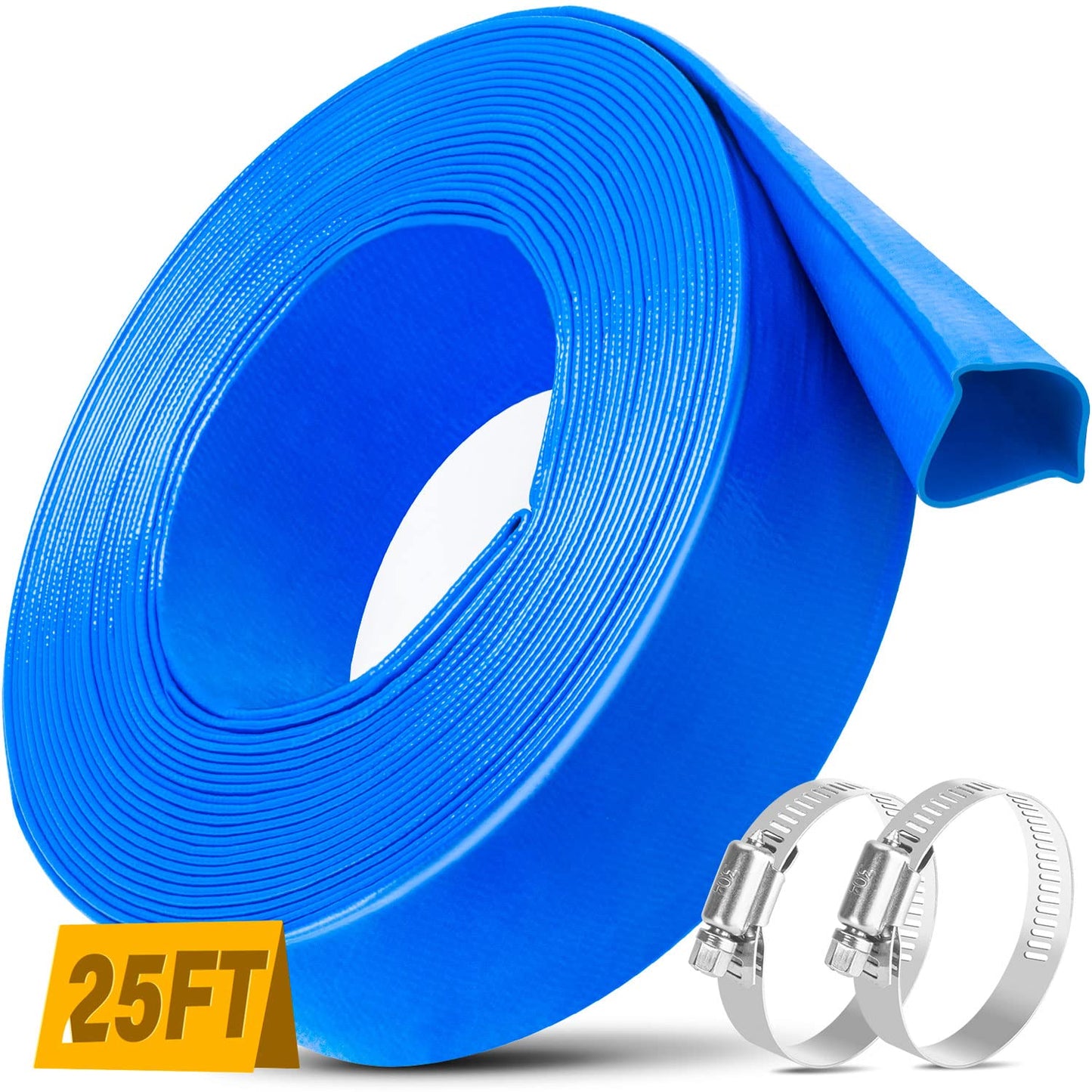 Jin&Bao 2" x 25 FT Pool Backwash Hose, Heavy Duty Reinforced Lay-Flat Discharge Hose, Burst Resistant Drain Hose with 2 Clamps, for Pool Filter & Sump Pump-Blue