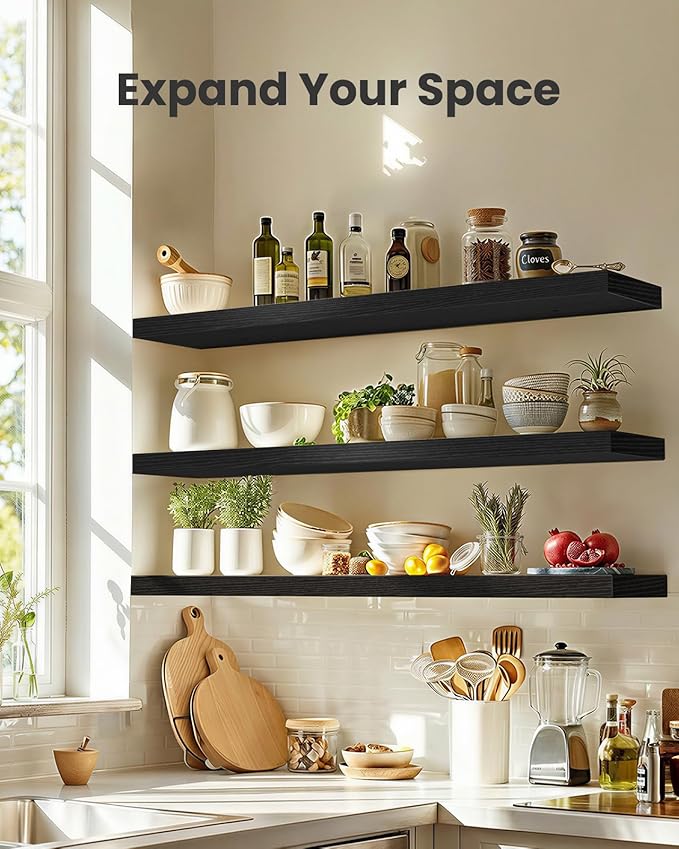 AMADA HOMEFURNISHING 47.2" L Floating Shelves, Wall Shelves Set of 3 for Bathroom/Living Room/Bedroom/Kitchen, Black Floating Shelves for Wall Decor with Invisible Brackets - AMFS55B