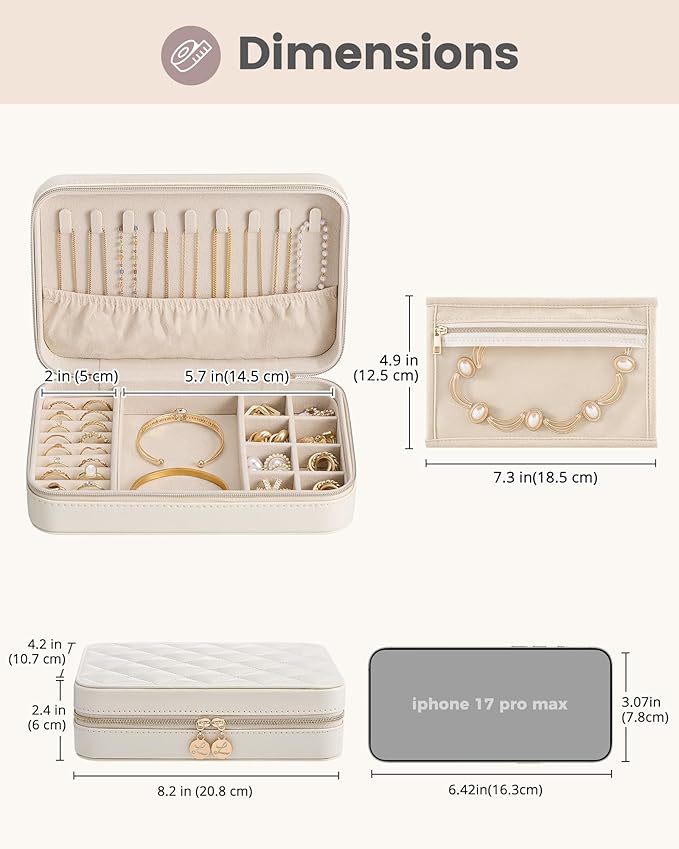 Lolalet Travel Jewelry Case for Women Girls, Travel Jewelry Organizer with Clear Storage Bag Small Portable Jewelry Box for Necklace Bracelet Earring Ring Birthday Bridesmaid Gifts -Large/Beige