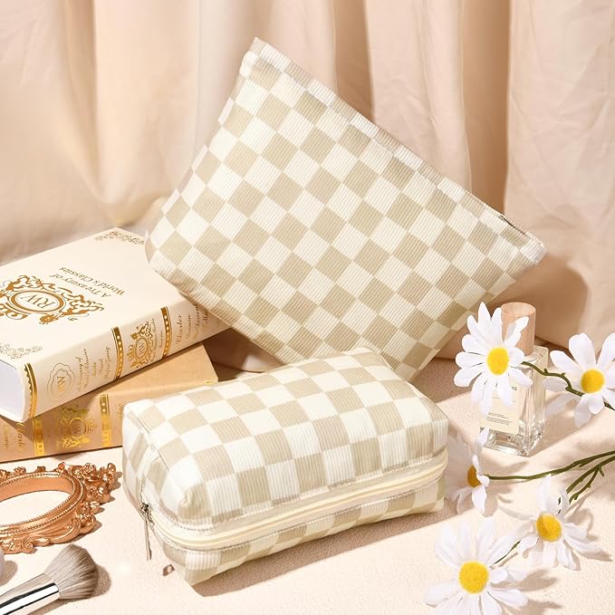 SOIDRAM 2 Pcs Checkered Makeup Bag Large Cosmetic Bag Toiletry Bag Makeup Pouch Travel Bag Organizer Cute Makeup Brushes Aesthetic Accessories Storage Bag for Women Brown Checkered