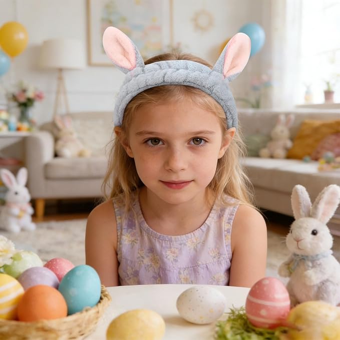 YISSION Cute Bunny Ear Spa Headband for Women and Girls - Soft Plush Makeup Headband for Face Washing, Skincare, Shower, Easter Party Favors (2 Pack, White & Gray)