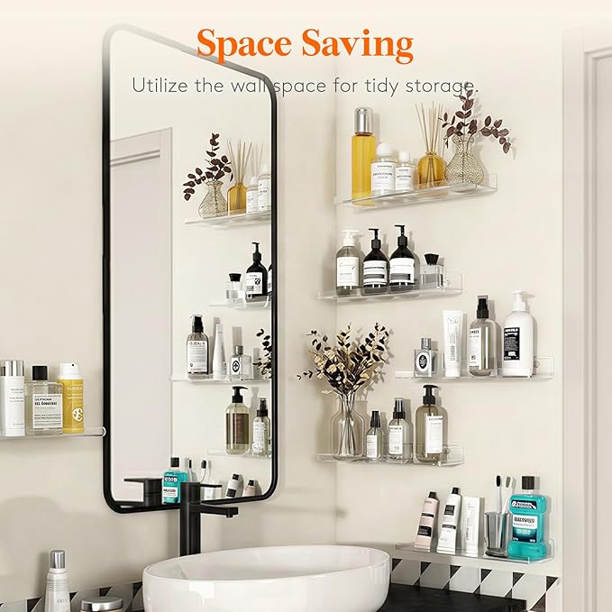 Lifewit Floating Shelves for Bathroom, Acrylic Wall Organizer for Perfume, Makeup, Figures, Nail Polish, Photo, Book, 14" Decor Display Rack for Nursery, Living Room, Bedroom, Kitchen, Clear, 12 Pack