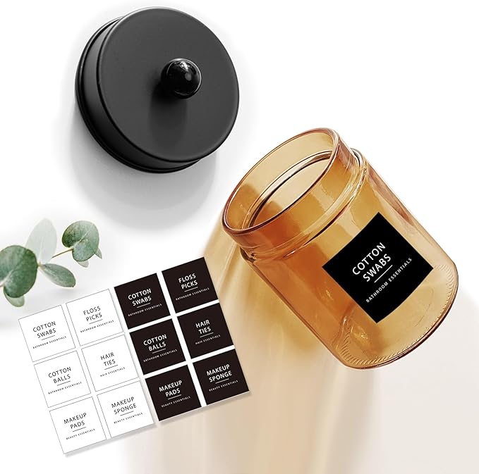 Amolliar Bronze Glass Apothecary Jar, Qtip Holder Metal Lid & Stickers, Bathroom Qtip Dispenser Storage Canister, Perfect for Cotton Balls, Cotton Swabs, Makeup Pads, Bath Salt, Floss, 4 Pack (Black)